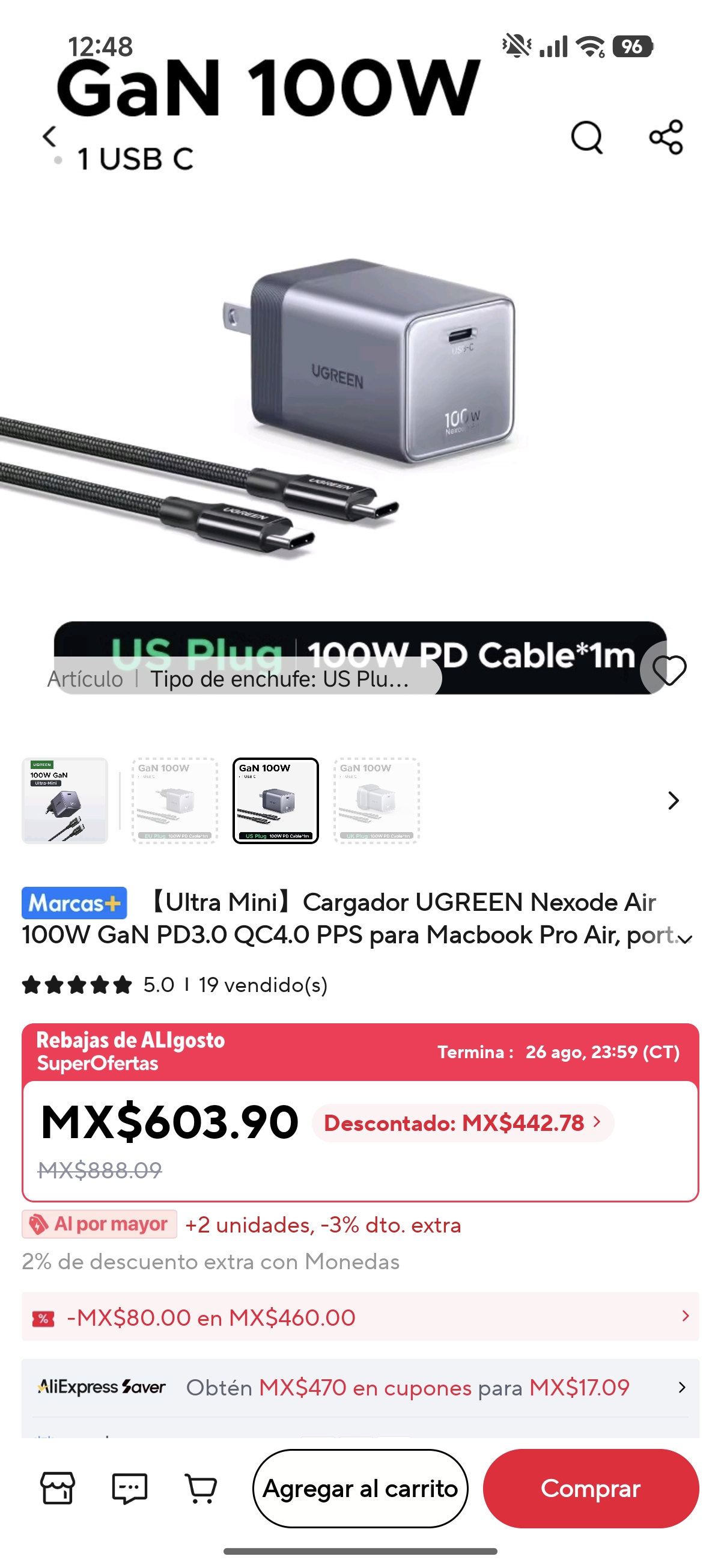 AliExpress: Cargador UGREEN Nexode Air 100W (Ultra Mini) + Cable USB C PD 100W 1m (Solo en página de monedas) + Didi Paga Después