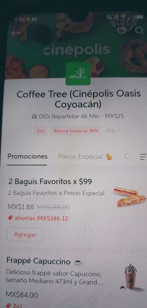 DiDi Food [Coffee Tree Cinépolis]: 2 Baguis favoritos por $2