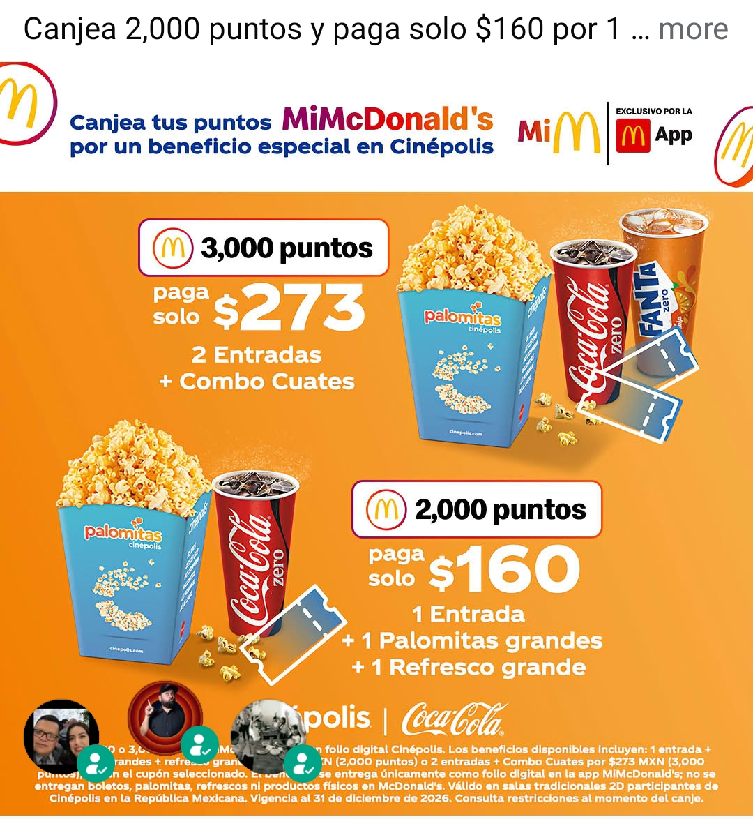 Combos Cinépolis desde $160 + puntos MiMcDonald's (Boletos + Palomitas y Refresco) en App McDonald's