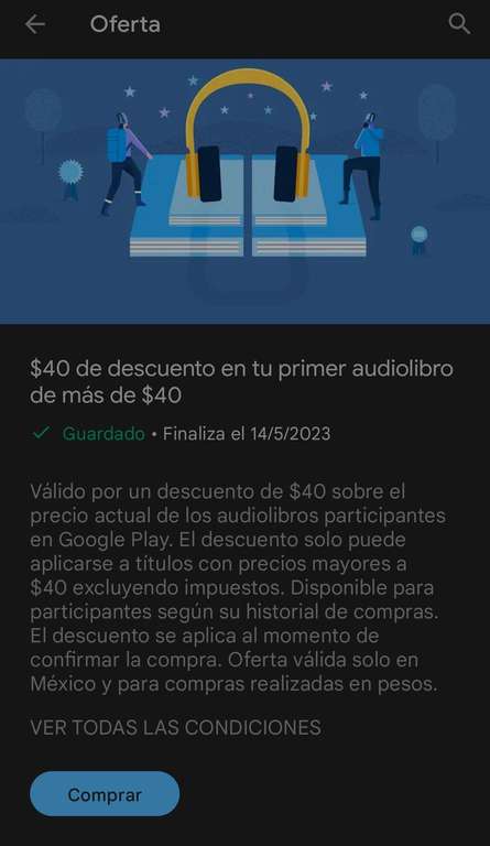 Google Play : $40 OFF en audio libros (en primer compra y que sea mayor de 40 mxn))