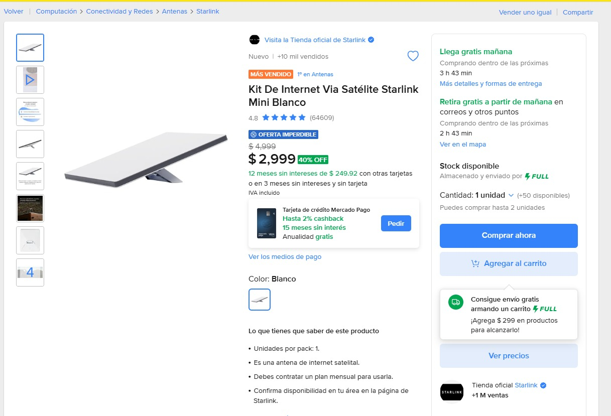 Mercado Libre: Kit De Internet Via Satélite Starlink Mini Blanco