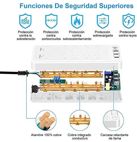 Amazon: Regleta de Alimentación, Multicontacto, Protector contra Sobretensiones con 10 tomacorrientes de CA (1875W/15A),3 USB-A 1 USB-C