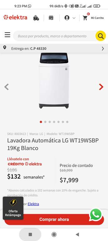Elektra: Lavadora Automática LG WT19WSBP 19Kg Blanco (Pagando con BBVA)