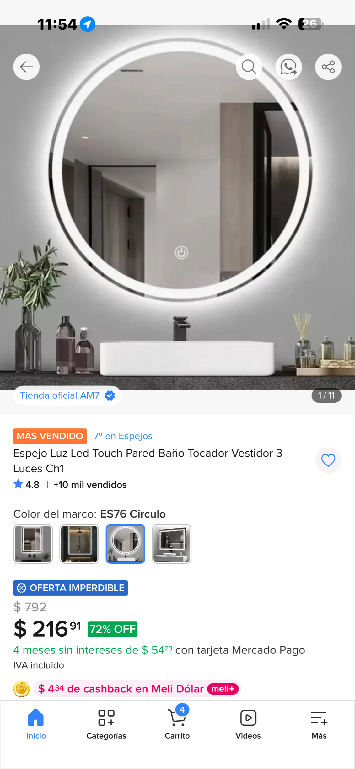 Mercado Libre: Espejo Luz Led Touch Pared Baño Tocador Vestidor 3 Luces Ch1