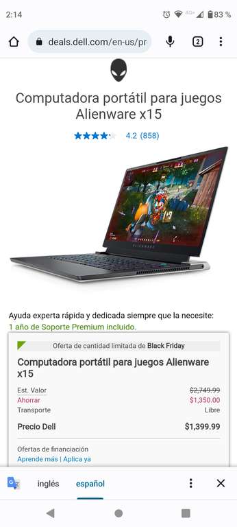 Dell USA: Laptop gamer Alienware x15 en oferta