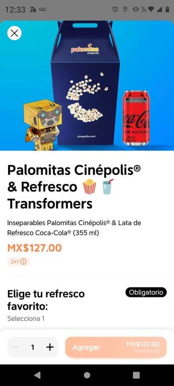 Didi Food: Palomitas para lelvar + refresco + transformer al 2x1