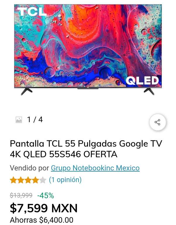 Claro Shop: Pantalla TCL 55 Pulgadas Google TV 4K QLED 55S546 OFERTA