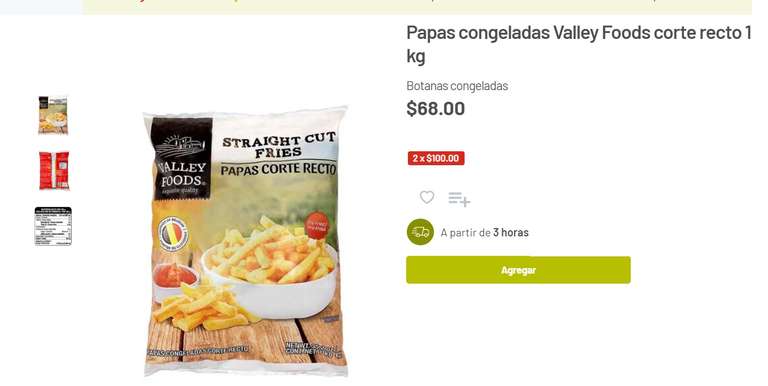 Soriana - Papas congeladas Valley Foods corte recto 2 kg = $100 MXN