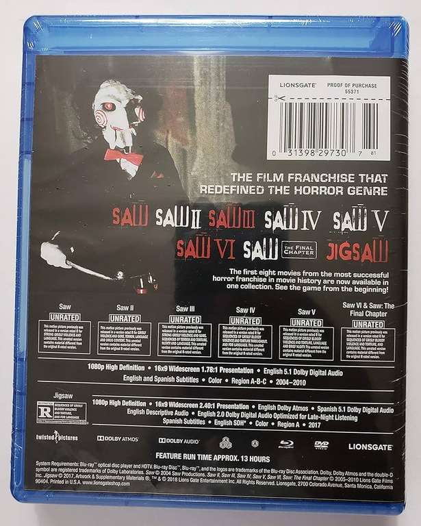 Amazon: Saw: 8 Film Collection (Coleccion de 8 peliculas de SAW) (Blu-Ray)