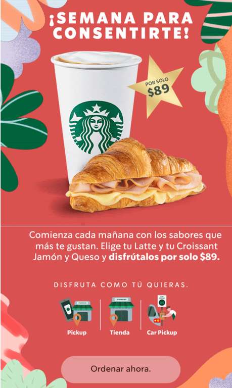 Starbucks: Latte grande caliente (400ml) y un Croissant de pechuga y queso (149g) por $89