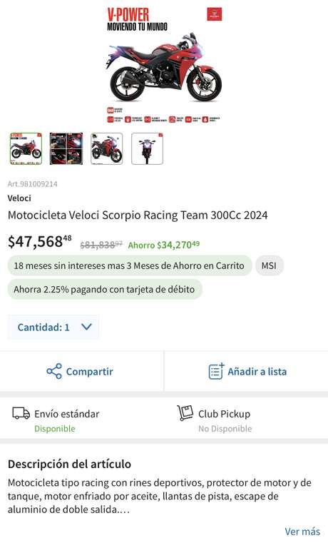 Sam's Club: Motocicleta Veloci Scorpio Racing Team 300Cc 2024 | Agregando al carrito