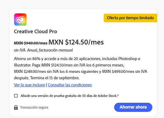 Adobe Creative Cloud PRO | Estudiantes | 6 meses por $124.50 y los siguientes 6 a $249