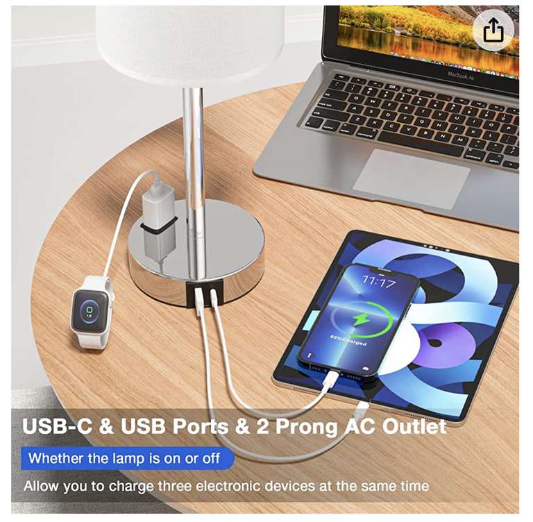 Amazon: Juego de 2 lámparas táctiles de mesita de noche pequeña, 3 vías, regulables, puertos USB C, A y tomacorrientes color blanco