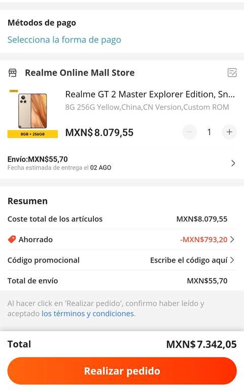 AliExpress: Teléfono Realme GT2 Master Explorer 8gb, 256gb