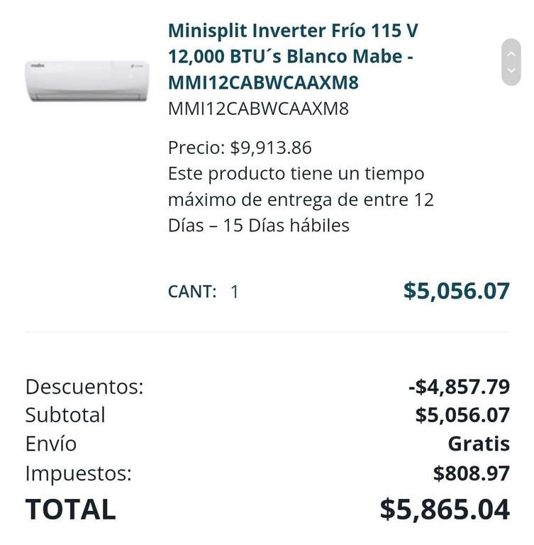 Tienda Mabe: Minisplit Inverter Frío 115 V 12,000 BTU´s Blanco Mabe - MMI12CABWCAAXM8