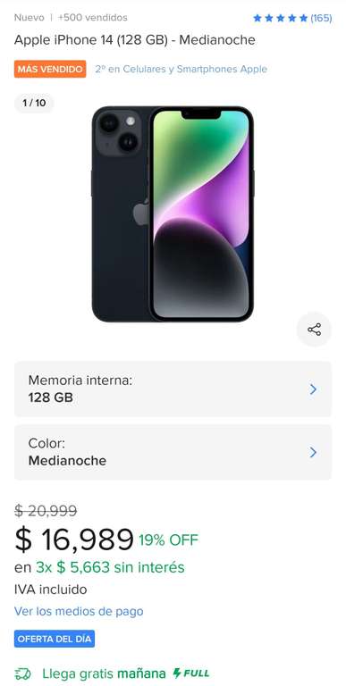 Mercado Libre: Apple iPhone 14 (128 GB) - Medianoche $16,989 *sin promos bancarias*