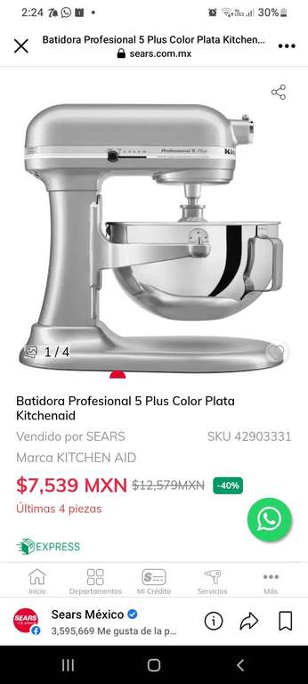 Batidora KitchenAid Profesional 5 plus color rojo y plata en Sears