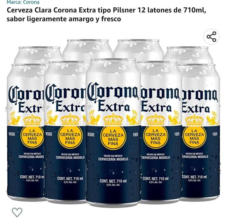 Amazon: Cerveza Clara Corona Extra tipo Pilsner 12 latones de 710ml