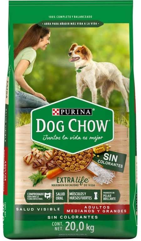 Amazon: Dog Chow sin Colorantes con Extralife Adultos Medianos y Grandes 20kg, Pollo