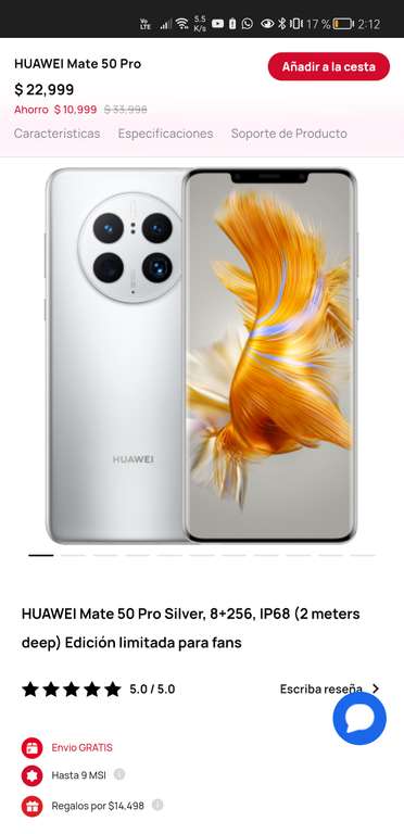 Huawei Mate 50 pro Plateado 8 + 256gb + Regalo