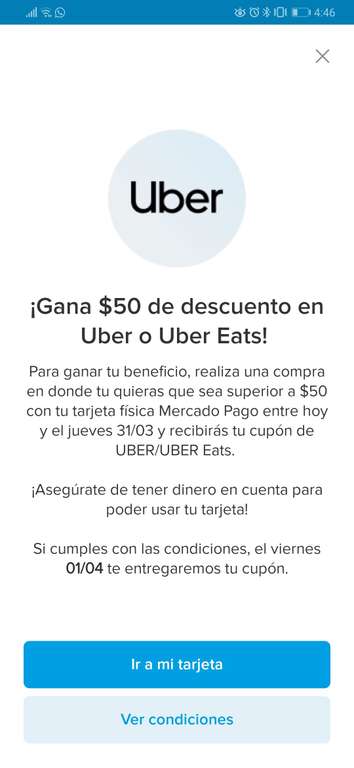 Mercado pago, 50 de descuento para Uber gastando 50 con tarjeta física