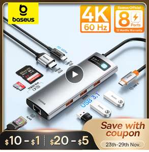 Aliexpress: Baseus USB C Hub, 5 en 1 Adaptador USB C Multipuerto Aluminio a 4K 60Hz HDMI, 3 USB 3.0 y 1 PD Carga (100w), compatible Mac