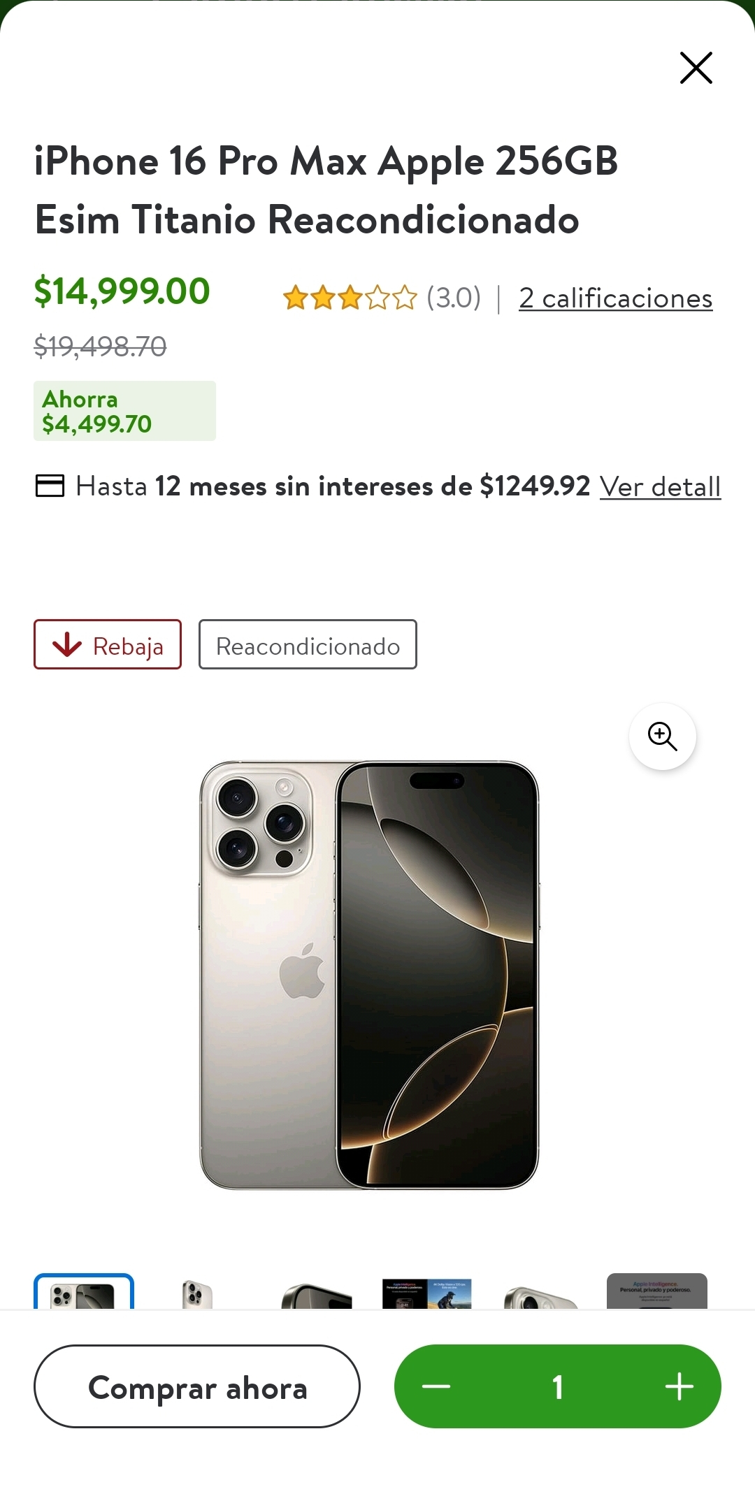 Bodega Aurrera: iPhone 16 Pro Max Apple 256GB Esim Titanio Reacondicionado