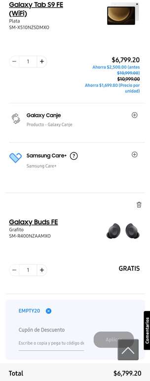Samsung Store: Tableta S9FE 38% de descuento + Buds FE (usando cupon, ver descripción)