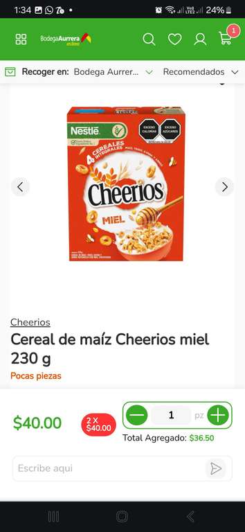 Cereal Cherrios 2x$40 y Snickers paq. 11 piezas x $69