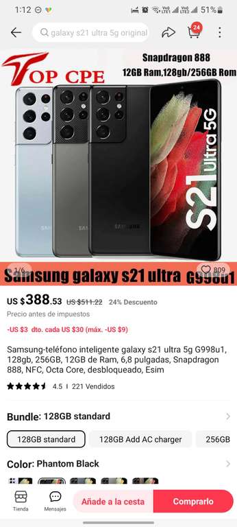 AliExpress: Samsung galaxy s21 ultra (reacondicionado de los chidos)