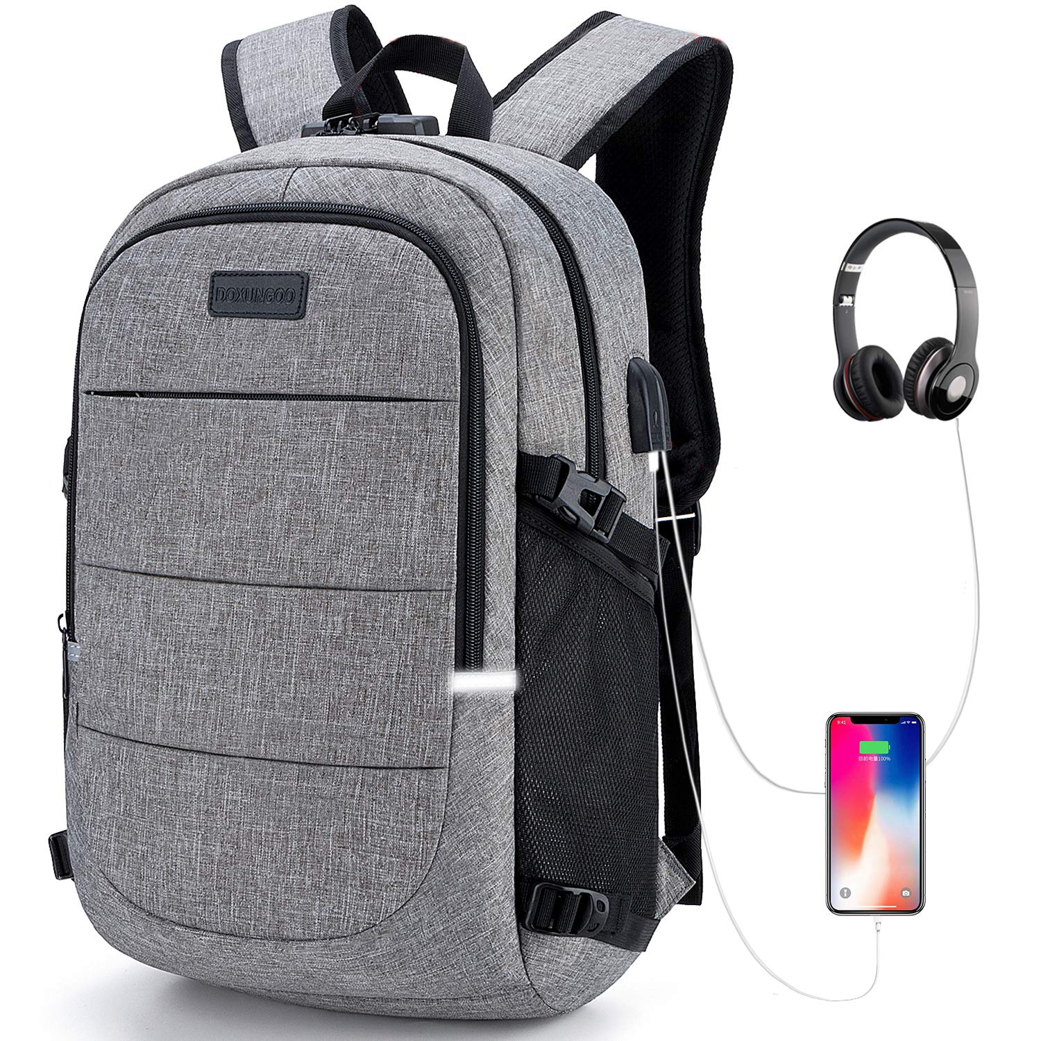 Amazon: DOXUNGOO Mochila antirrobo, Mochila Impermeable USB Puerto y puerto audífonos cerradura con código, puerto de carga USB