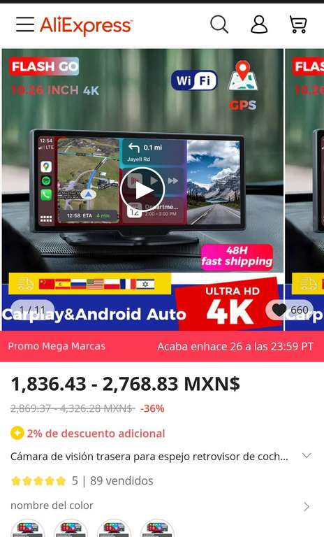 AliExpress: Cámara dash con pantalla apple car y android auto
