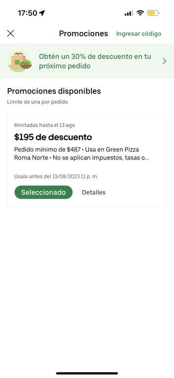 Uber Eats: 2x1 + 195 OFF en Green Pizza - Roma Norte