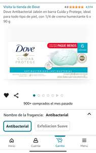 Amazon: Dove Antibacterial Jabón en barra Cuida y Protege, con 1/4 de crema humectante 6 x 90 g | Planea y ahorra
