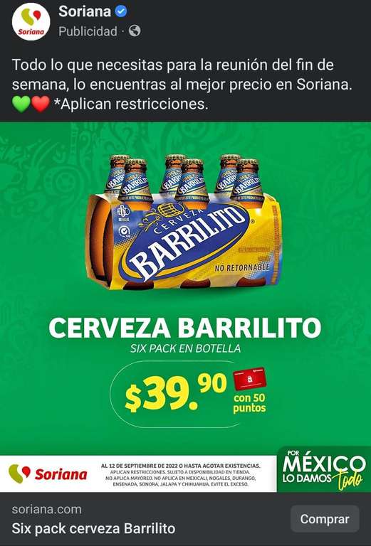 Soriana: Cerveza Barrilito 6 pack (Con 50 puntos)