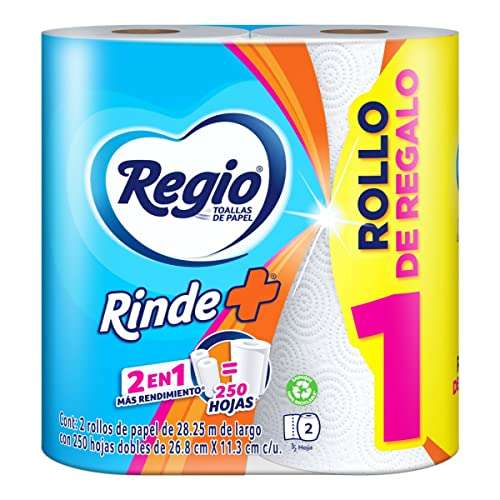 Amazon: Regio Rinde+ Toallas de papel, 250 hojas dobles, 1 rollo + 1 rollo gratis | envío gratis con Prime