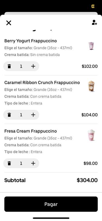 Uber Eats y Starbucks: Gasta $299 ahorra $150 (Frappes a $50) UBER ONE