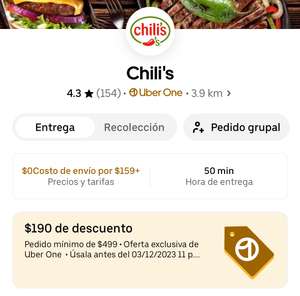 Uber Eats: Chili’s - 20 Alitas o Boneless + 2 órdenes de papas + 2 refrescos por $258 - (Solo para miembros Uber One)