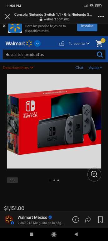 Nintendo switch en 1151 en página de Walmart (vendido a través de terceros)