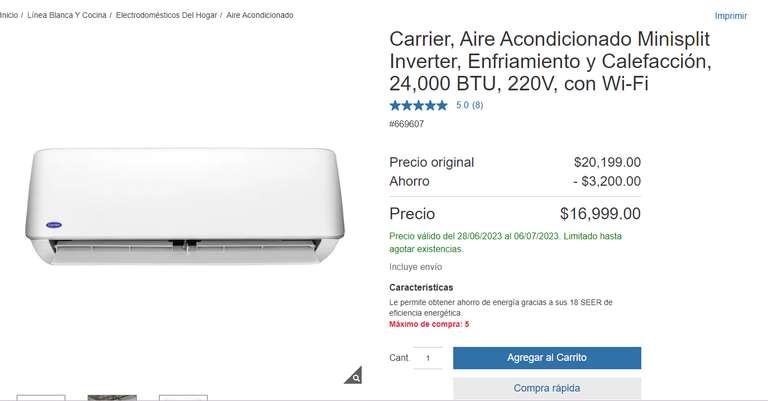 Costco: Carrier, Minisplit Inverter, Enfriamiento y Calefacción, 24,000 BTU, 220V, con Wi-Fi