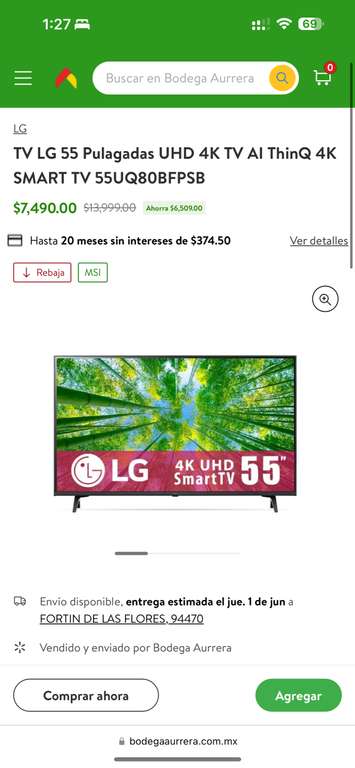 Bodega Aurrera: TV LG 55 Pulgadas UHD 4K TV AI ThinQ 4K SMART TV 55UQ80BFPSB pagando a 12 o 20 msi con bbva