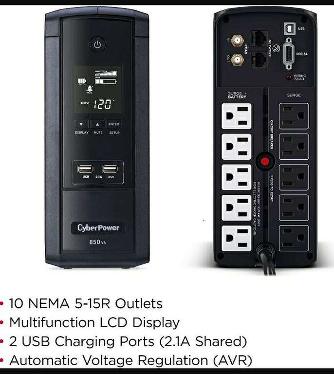 Amazon: CyberPower UPS 850VA/510W -No Break Mini-torre, Pantalla LCD, Puertos de carga USB 2.1A, Regulador de voltaje AVR