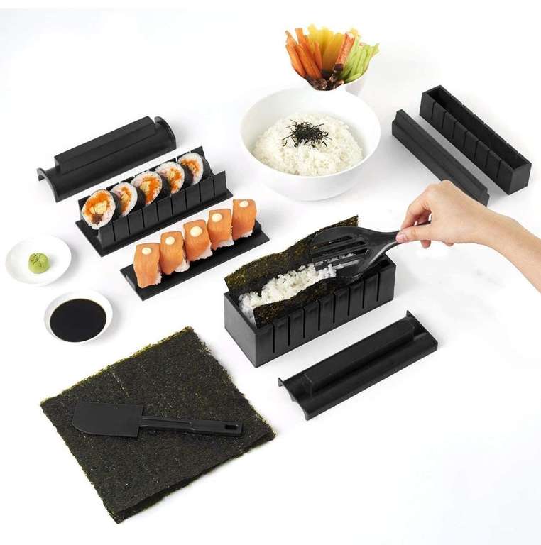 Amazon: AGPTEK Juego de Moldes y Herramientas de 10 Piezas para Hacer Sushi DIY - Color Negro | envío gratis con Prime