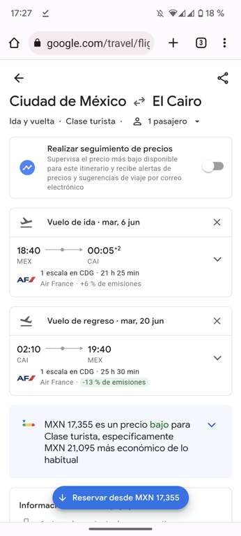 Google Flights: Vuelo México - El Cairo desde $17355