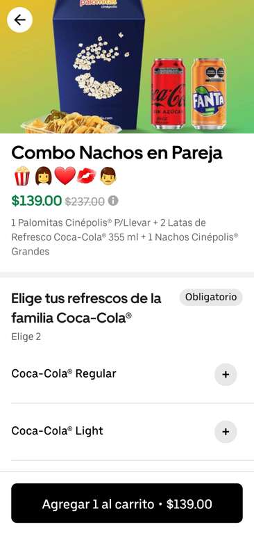 Uber Eats: Cinepolis combo nachos en pareja