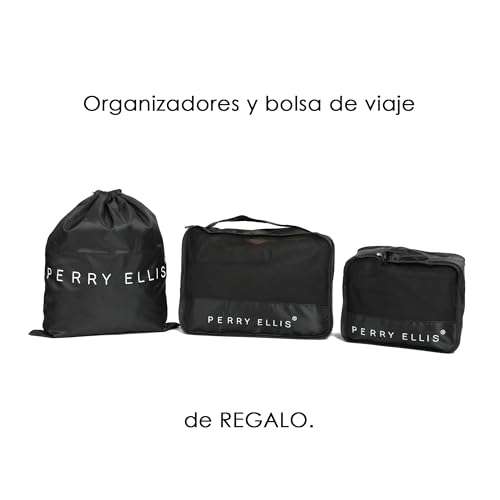 Amazon: PERRY ELLIS - Maleta de Cabina Con Cubos Organizadores, Puerto Carga USB, Porta Vaso y/o Celular, 4 Ruedas Dobles, Bastón Trolley