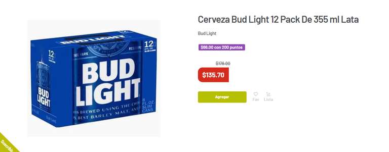 Soriana, 12 Pack (355 mL) de Cerveza Bud light en 66 MXN usando 200 puntos