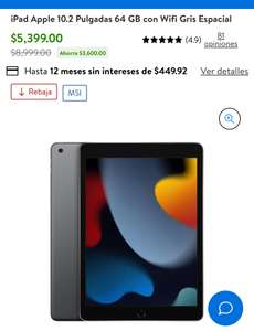Walmart: iPad Apple 10.2 Pulgadas 64 GB con Wifi Gris Espacial ($4539.15 con Cashi)