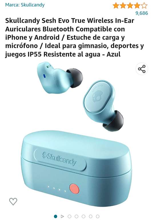 Amazon: Skullcandy Sesh Evo True Wireless In-Ear Auriculares Bluetooth IP55 Resistente al agua - Azul