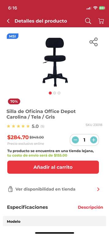 Silla de Oficina Office Depot Carolina / Tela / Gris
